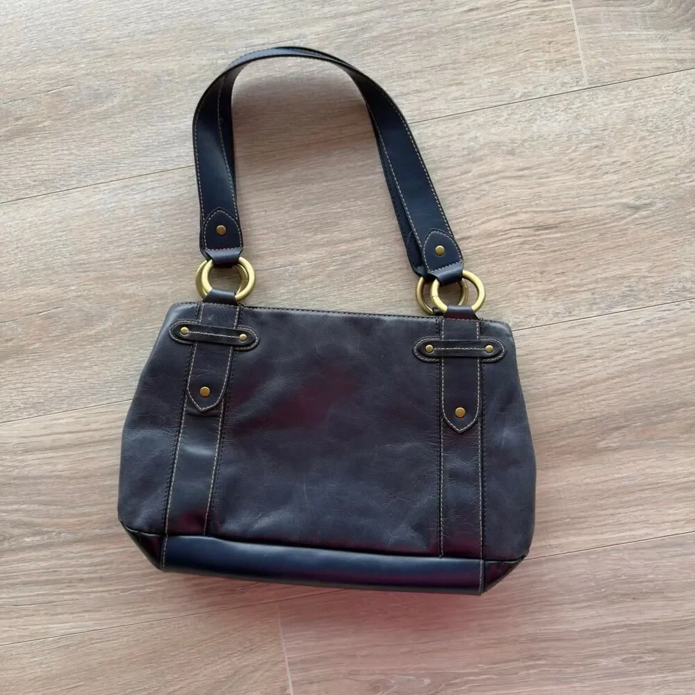 Worthington VTG Navy Leather Hobo Shoulder Handbag Purse Gold Hardware Y2K Boho